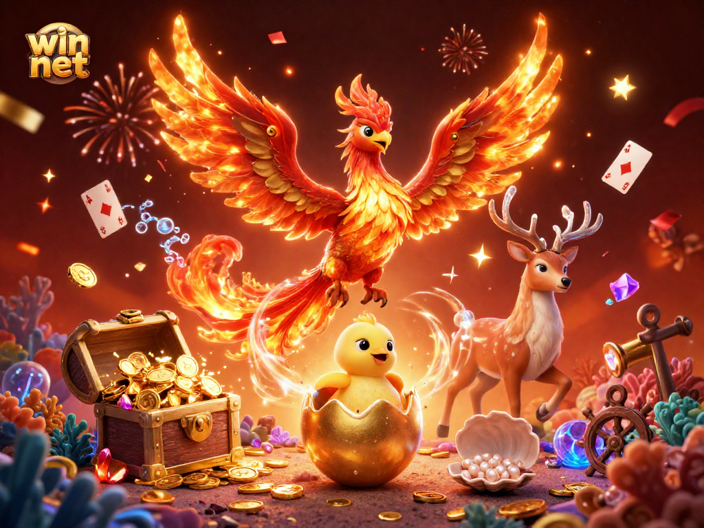 Engage with the excitement of win net through this vibrant, detailed casino scene featuring mythical creatures and treasures.