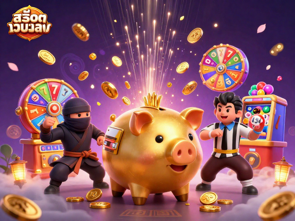 Experience the thrill of สล็อตเว็บตรง with a dynamic scene of a golden piggy bank sumo wrestler and exciting game elements.