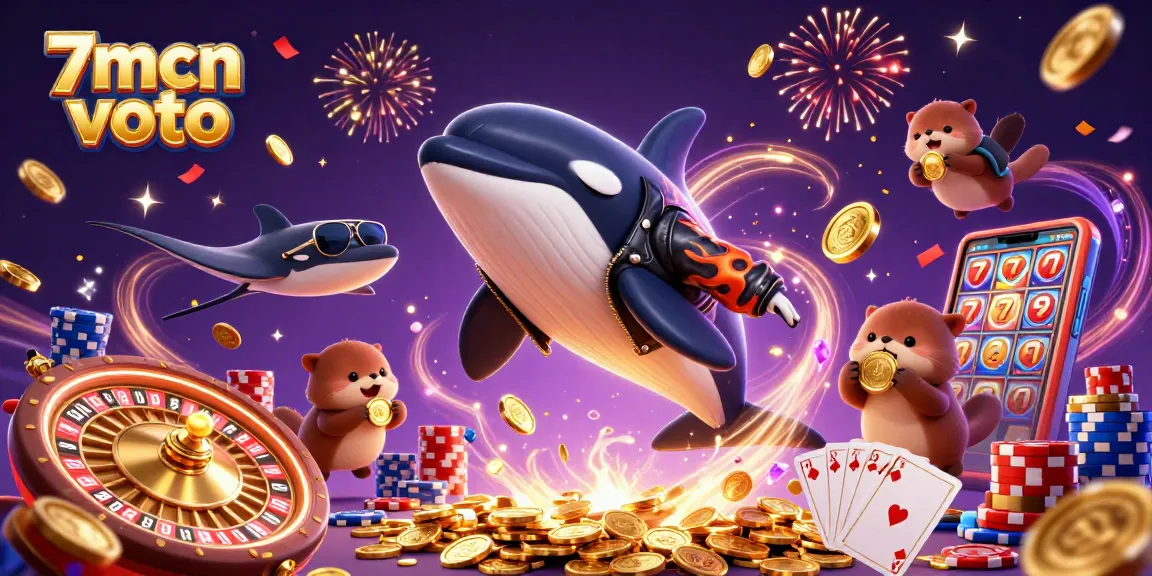 Experience the excitement of 7mcn voto with animated wildlife celebrating casino games amidst vibrant slots and gold!