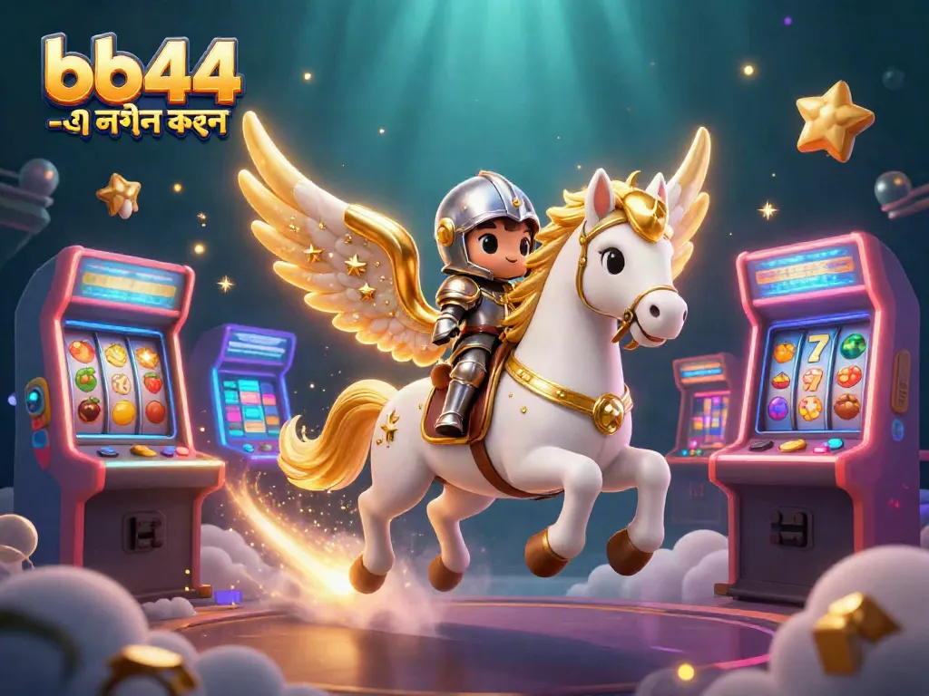 Engage with the vibrant 3D scene showcasing bb44 -এ লগইন করুন amidst colorful gaming elements and a celestial horse.