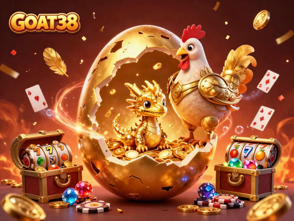 Experience the excitement of GOAT38 with a golden egg cracking open to reveal treasures and a baby dragon.