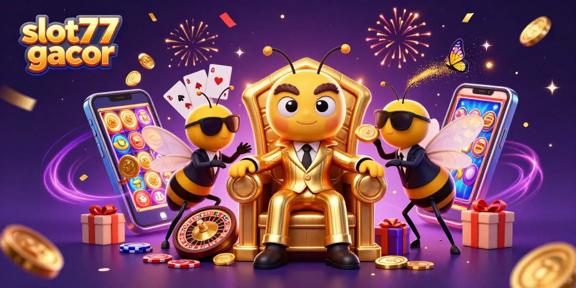 Engage with slot77 gacor in a vibrant casino scene featuring a bumblebee mob boss and rich game elements.