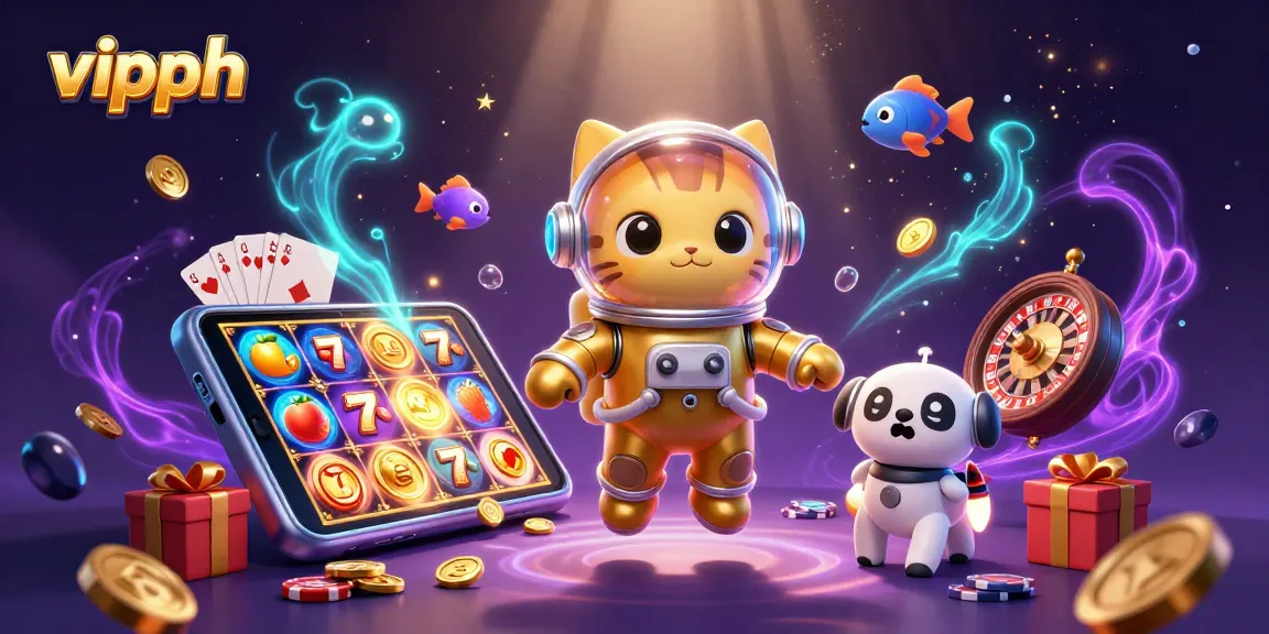 Experience immersive gaming at vipph with a cartoon astronaut cat and exciting slot games.