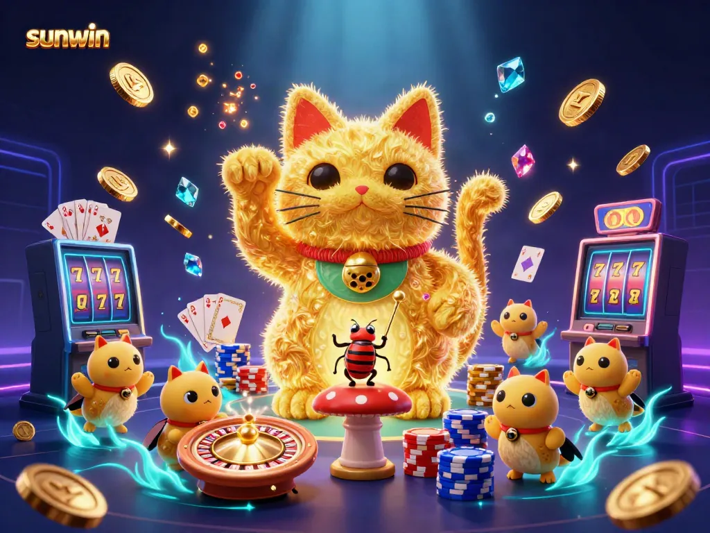 Experience the excitement at Sunwin with a dazzling display of casino symbols and dynamic characters.