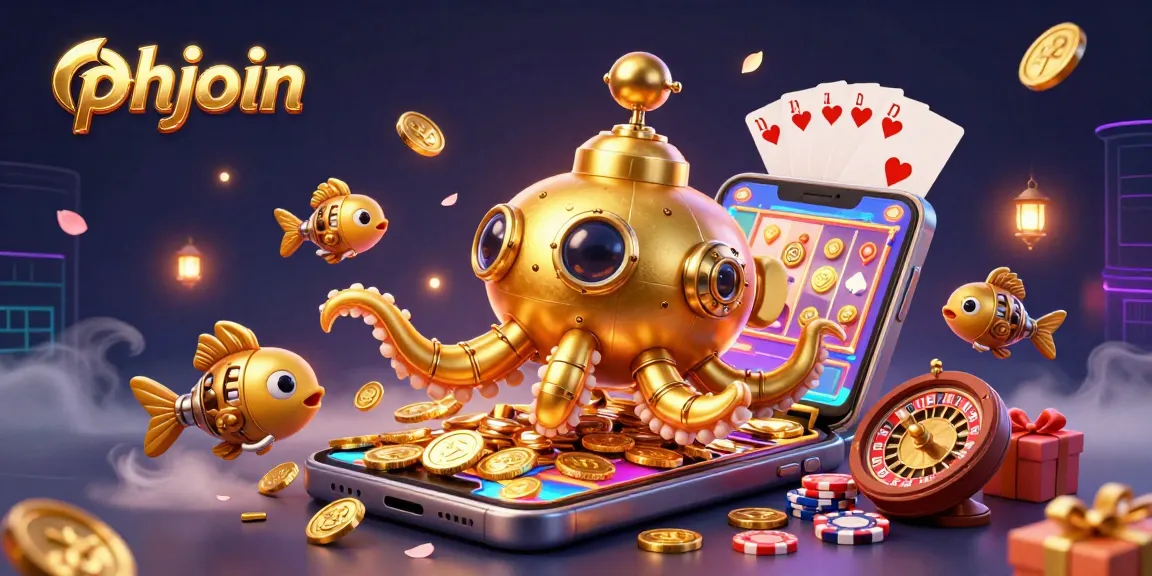 Spin and win with phjoin's vibrant gaming experience featuring a golden kraken submarine and a colorful slot game.