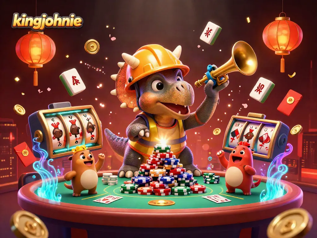 Win big with kingjohnnie at a vibrant 3D casino scene filled with poker chips and celebration.