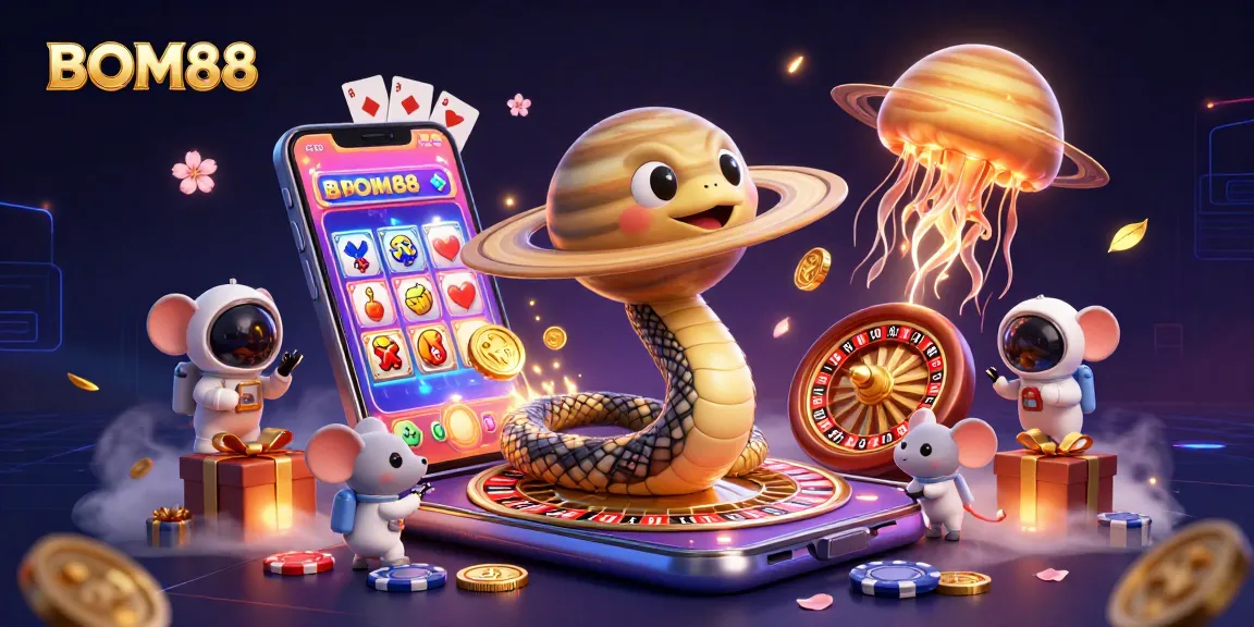 BOM88 offers thrilling gaming action with a vibrant casino scene featuring astronauts and a cosmic dealer.