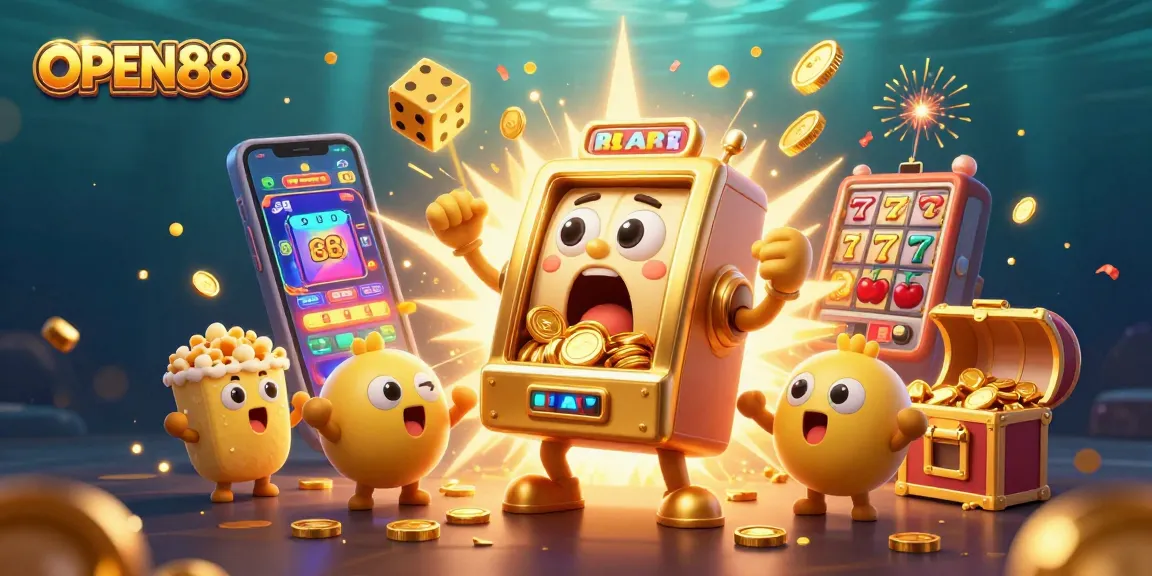 Watch the OPEN88 slot machine jackpot explode with coins amidst a vibrant, celebratory casino scene.