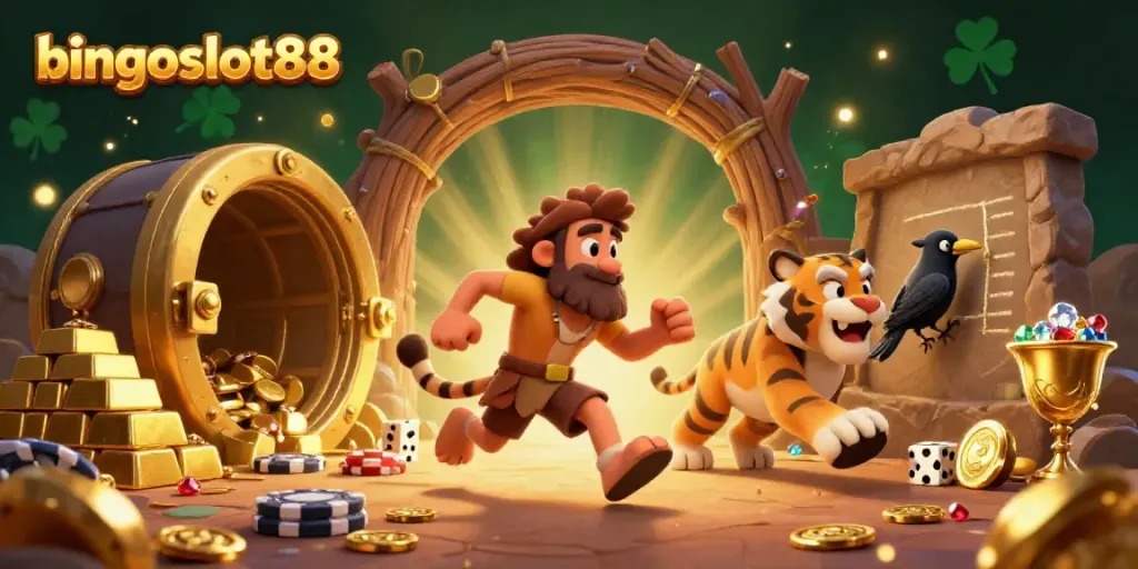 Visualisasikan bingoslot88 dengan kasino prasejarah bersama karakter unik dan kekayaan berkilauan.