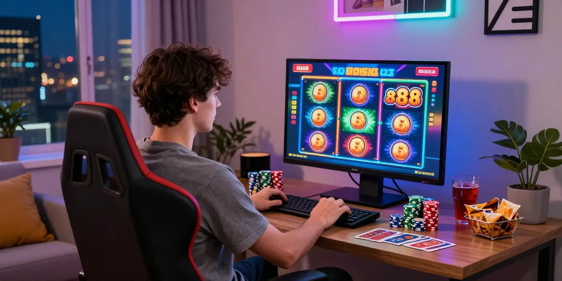 Pengalaman bermain slot88 yang penuh energi di rumah dengan suasana kasino yang ceria.