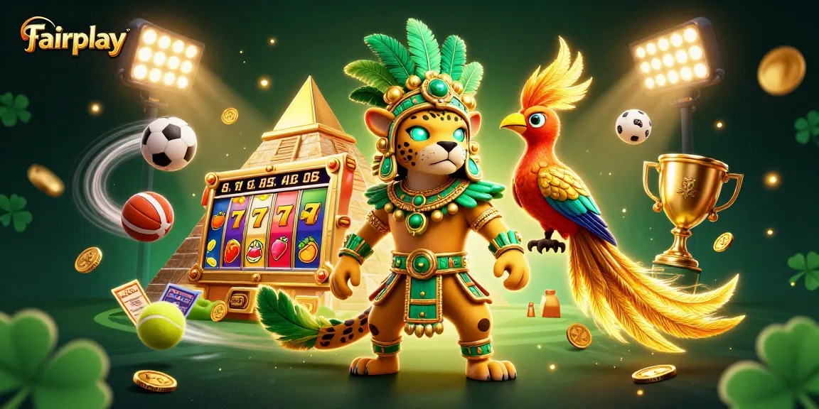 Engage with Fairplay in this vibrant 3D casino illustration featuring jackpot slots and festive elements.