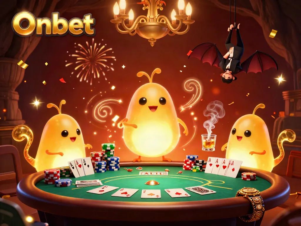 Experience exciting poker action with Onbet's glowworm team lighting a vibrant cave casino scene.