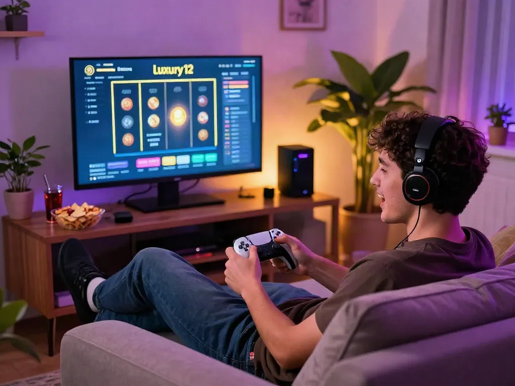Enthusiastic gamer enjoying luxury12 slot games in a cozy home environment.