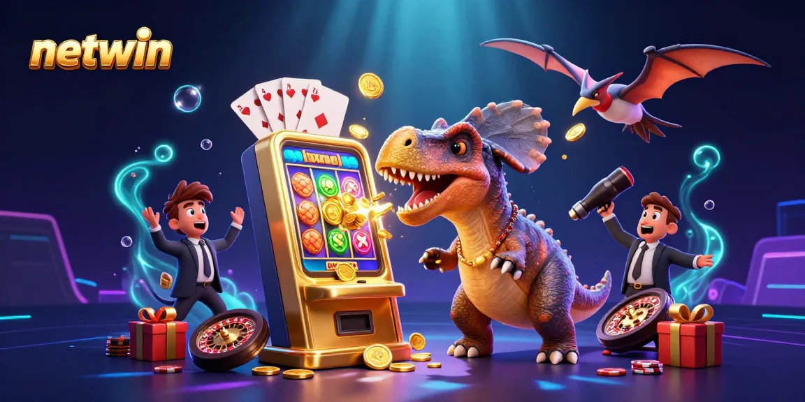 Catch golden coins and jackpots at netwin with a colorful slot scene featuring cartoon dinosaurs!