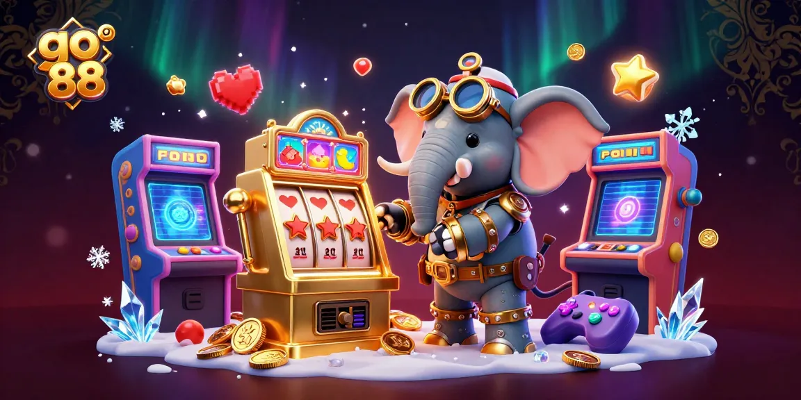 Spin the go 88 slot machine with a 3D steampunk elephant surrounded by gaming elements in a vibrant scene.