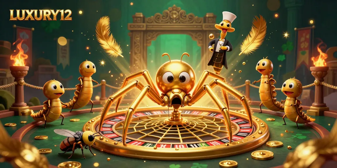 Experience LUXURY12 as a golden spider spins a roulette wheel web, while a fly bets nervously.