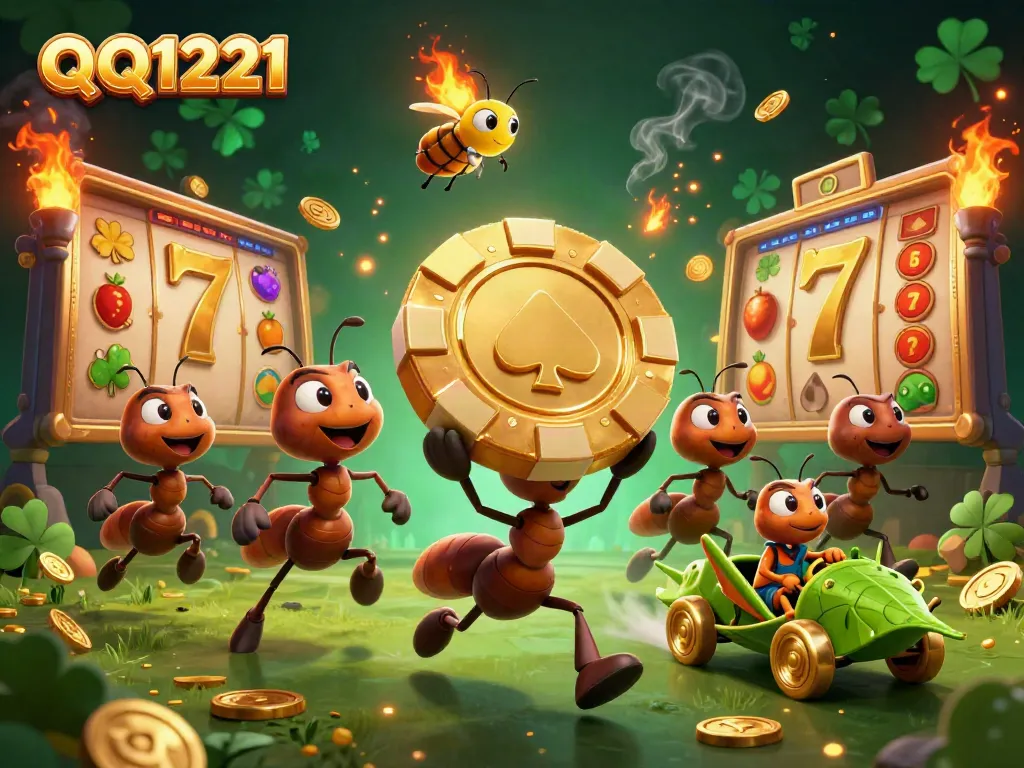 Experience thrilling wins with QQ1221 as a team of cartoon ants carry a golden poker chip in a dynamic casino heist.