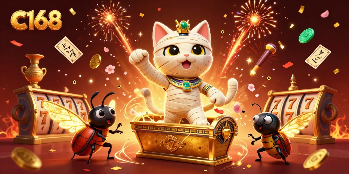 C168 features an Egyptian mummy cat in a vibrant casino scene, playing slots and celebrating with glowing treasures.