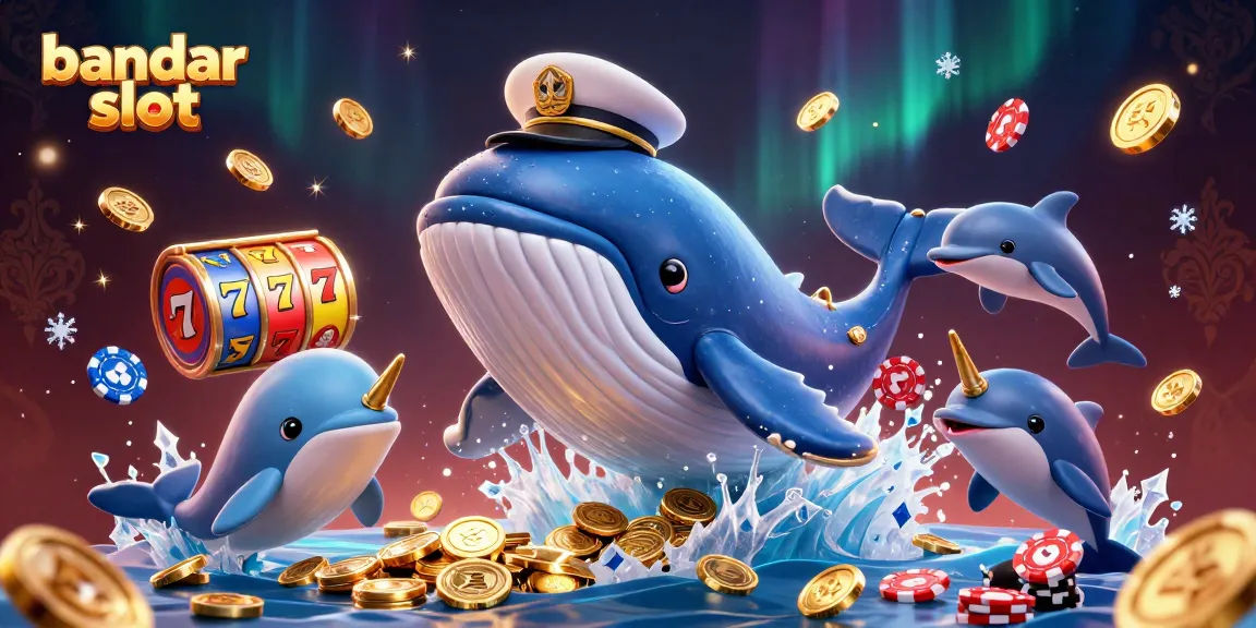 Menggoda bandar slot dengan simbol jackpot berkilauan di antara ikan paus 3D dan lumba-lumba.