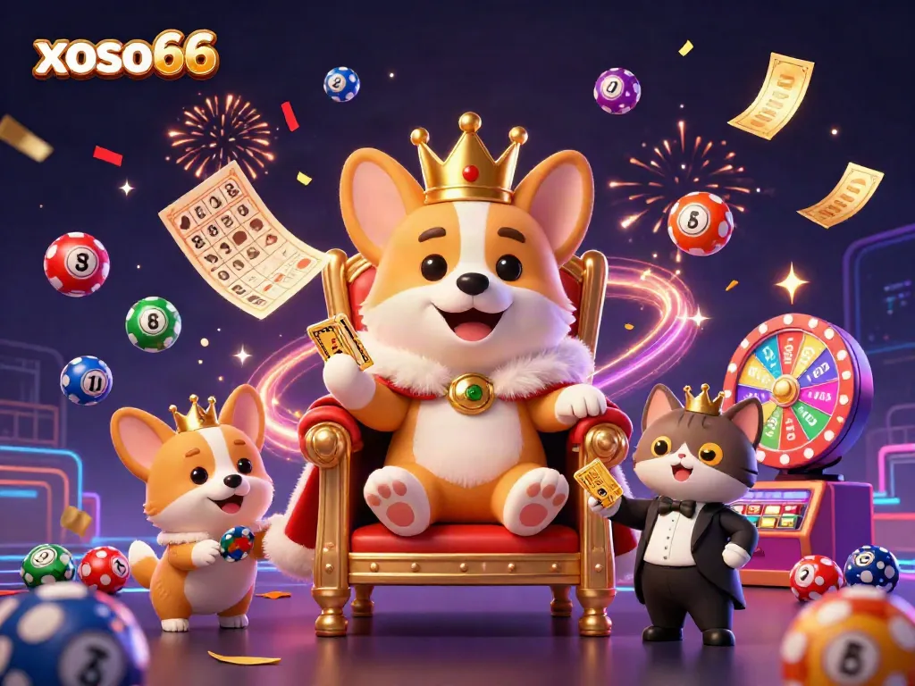 xoso66 brings joy with a lively 3D casino scene featuring corgis, lottery balls, and festive elements.