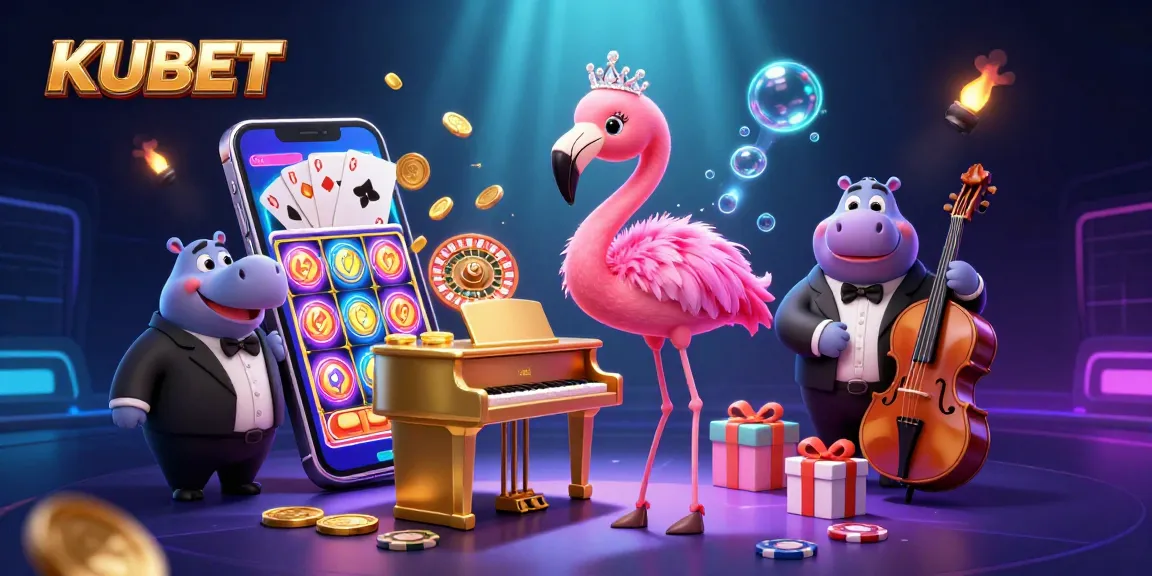 KUBET features an animated scene with a flamingo singer and hippo bassist in a casino atmosphere.