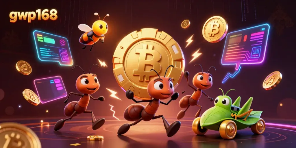 Tim semut gwp168 beraksi membawa chip poker emas di dunia permainan kasino digital.