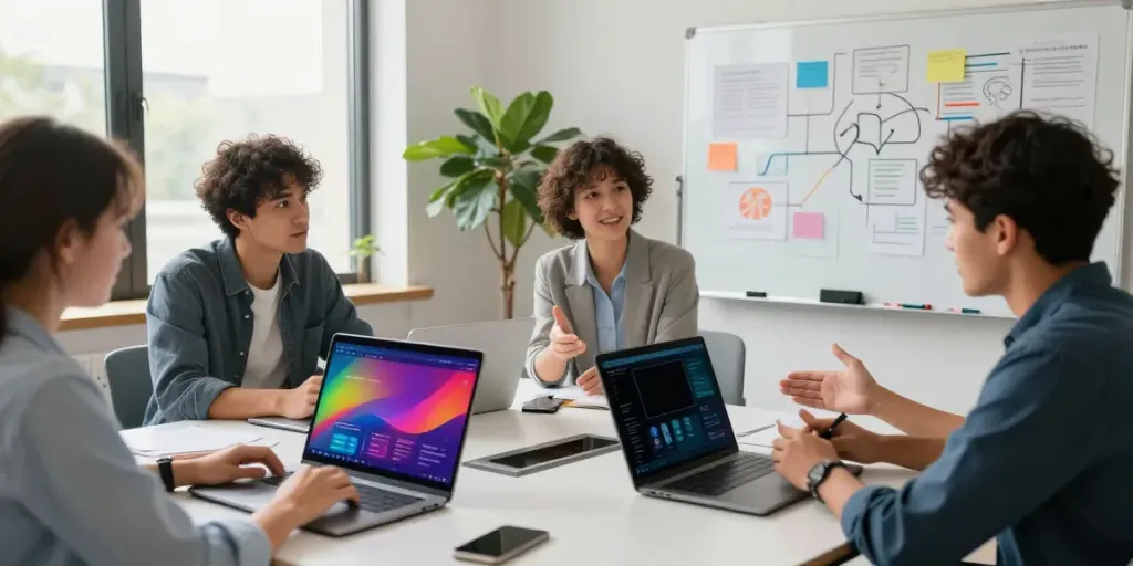 Team collaborating in a digital marketing office, showcasing sabi4d strategies.