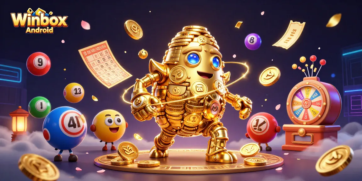 Experience the action of Winbox Android with vibrant lottery elements and golden treasures.