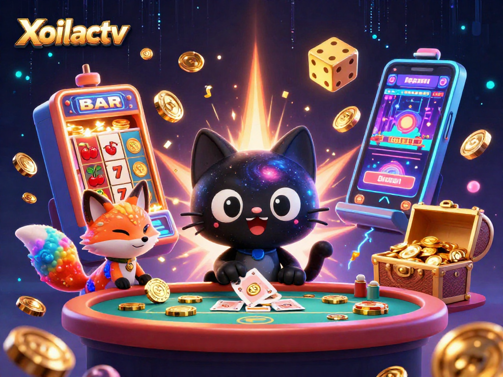 Xoilactv transforms gambling with a cosmic cat and fox in an animated casino scene.