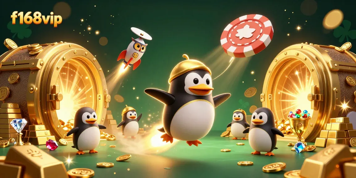 Blast off with f168vip in an exciting 3D casino scene featuring a golden penguin and treasure galore.