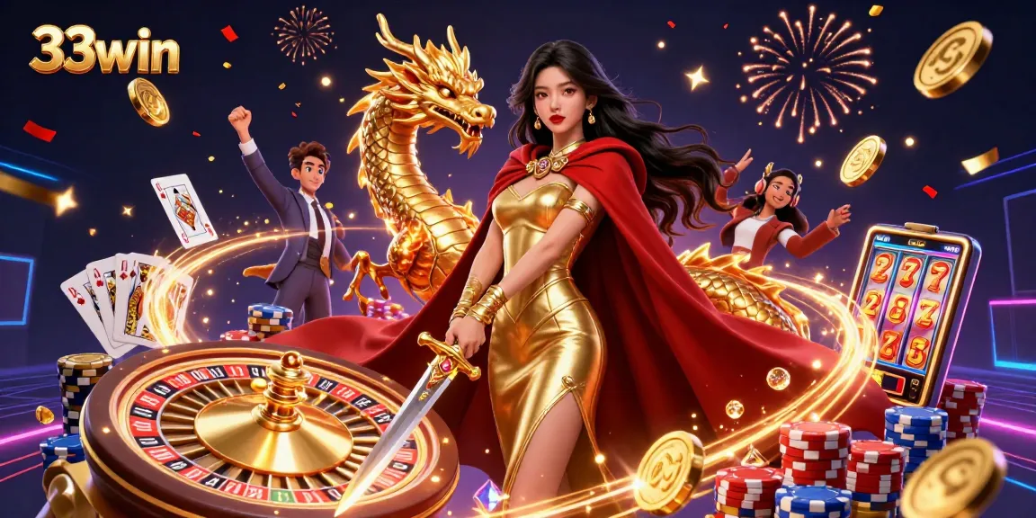 Experience the thrill of winning at 33win with a dynamic casino scene featuring a warrior queen and dramatized gaming elements.