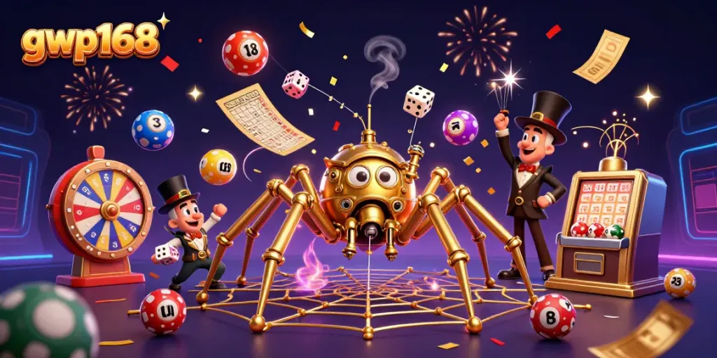 GWP168 menampilkan kegembiraan kasino dengan ilustrasi 3D yang berwarna-warni dan karakter unik.