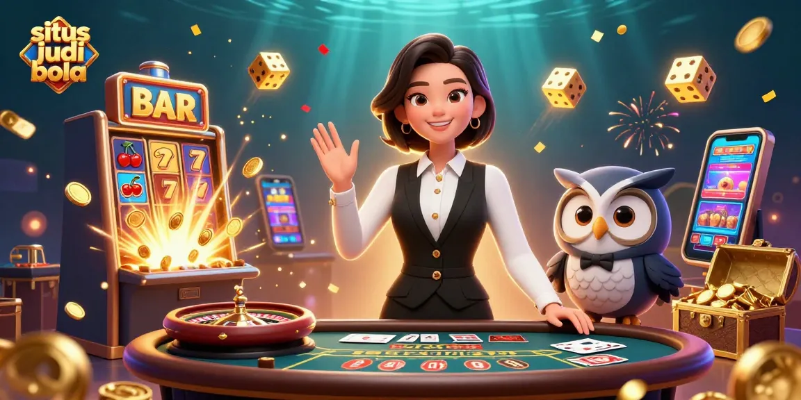Experience thrilling action at situs judi bola with dynamic 3D casino scene featuring dealers and games.