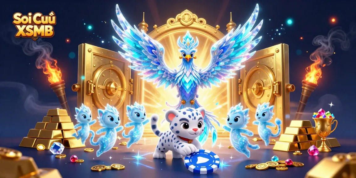 Experience Soi Cầu XSMB with vibrant characters amidst treasures and casino elements.