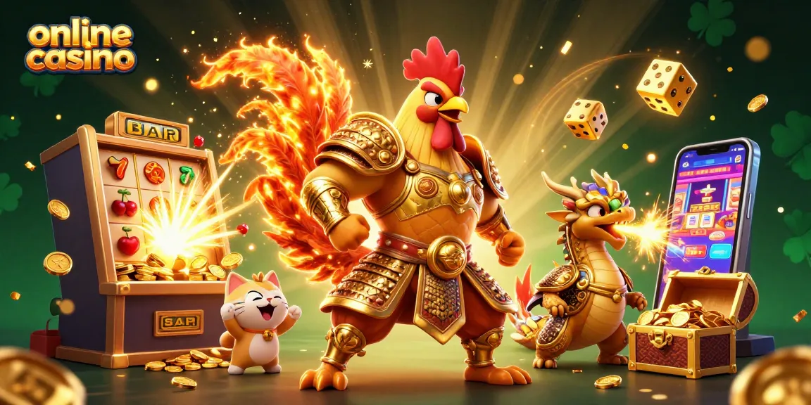 Experience excitement with an online casino scene featuring a rooster warrior, dragon hatchling, and treasure.