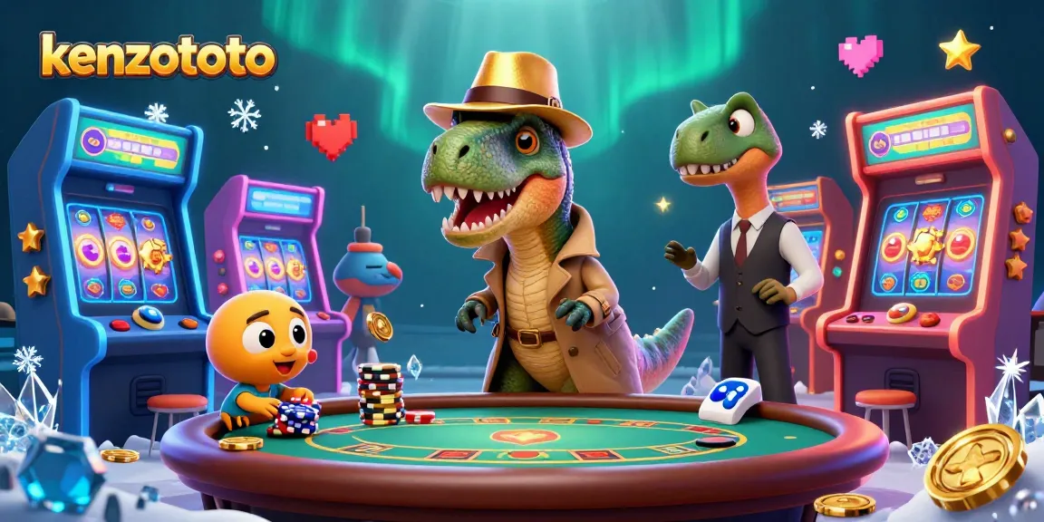 Kenzototo offers vibrant 3D illustration of a velociraptor card counter at a blackjack table amid dynamic casino elements.