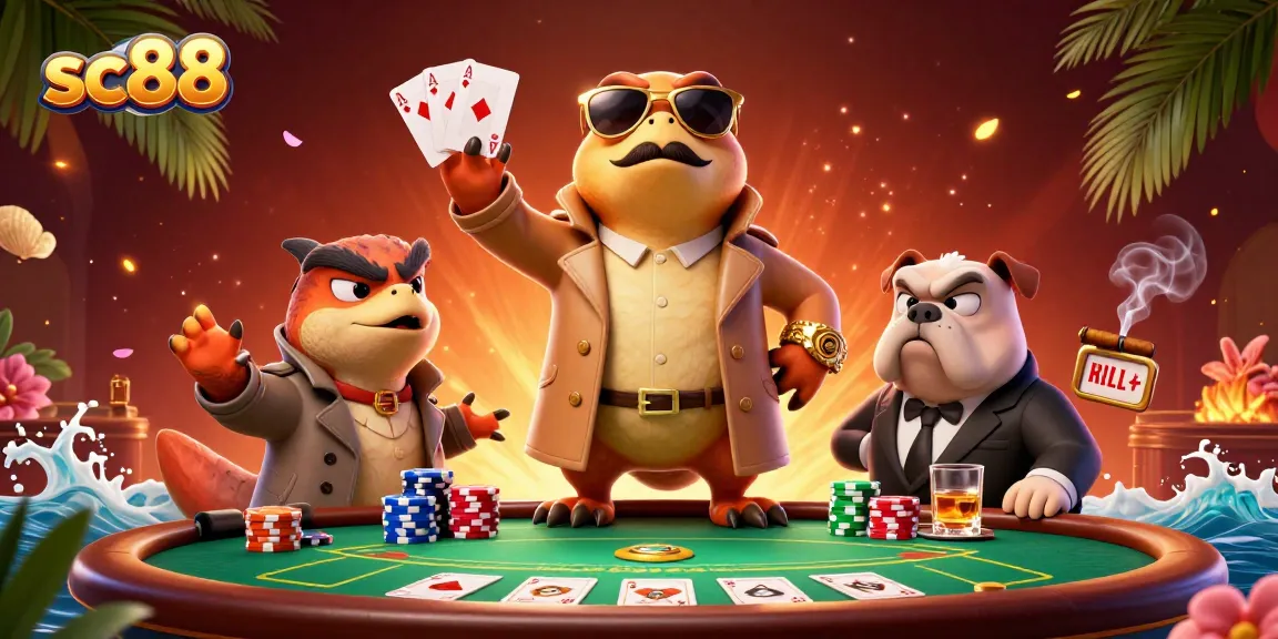 sc88 raptors in a trench coat attempting entry to a casino lounge filled with poker elements