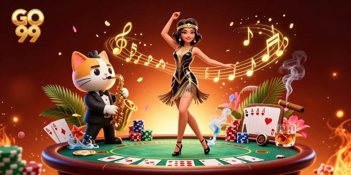 Experience thrilling casino excitement with GO 99 as a flapper and saxophone cat celebrate gaming success.