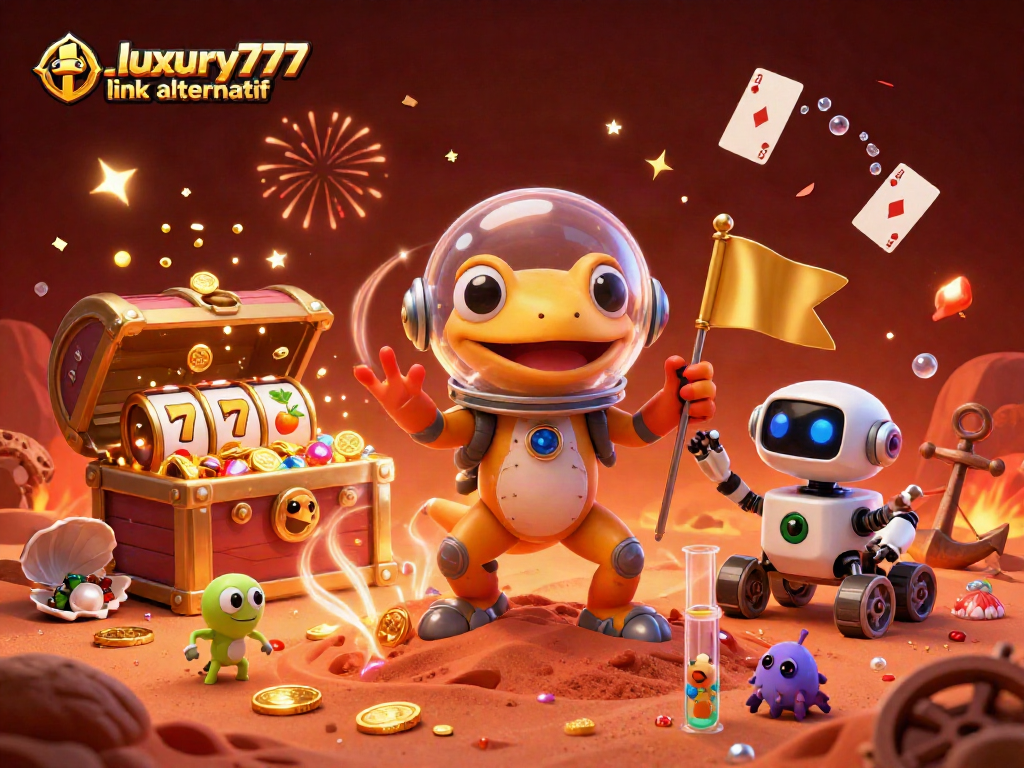Gali pengalaman bermain di luxury777 link alternatif dengan karakter kera Martian dan mesin slot berkilauan.