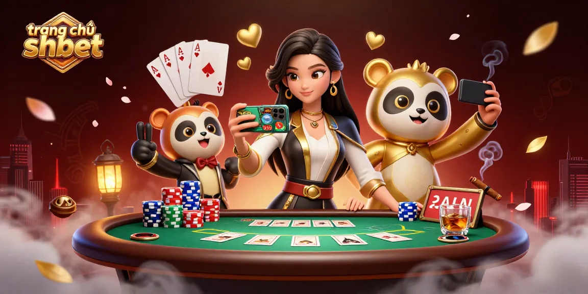Experience engaging gaming at trang chủ shbet, highlighted by a glamorous woman and a playful panda amidst a vibrant casino scene.