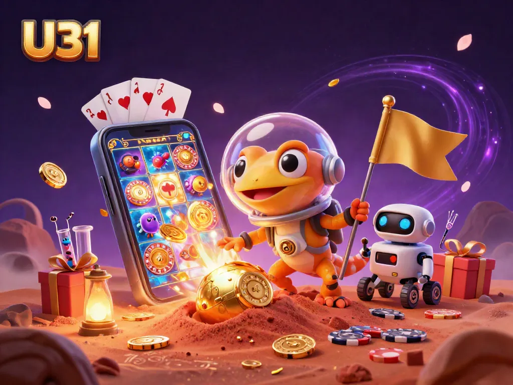 Spin to win with U31 at a vibrant casino scene featuring a playful Martian gecko.