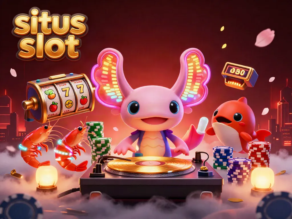 Permainan menarik di situs slot dengan DJ axolotl dan karakter meriah lainnya.