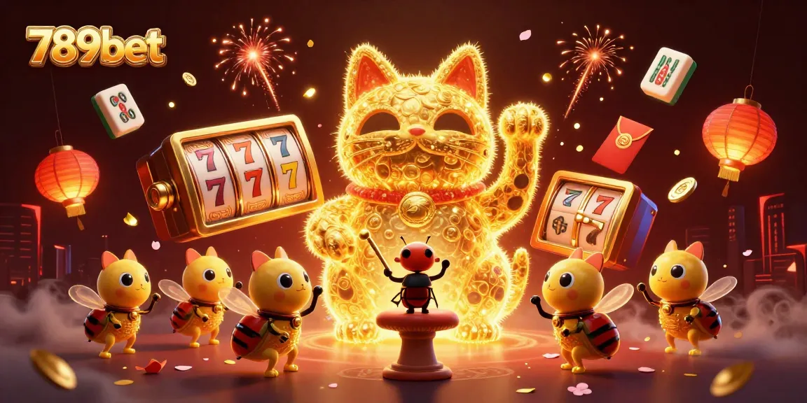 Engage with 789bet's exciting casino world featuring a golden lucky cat and vibrant game elements.