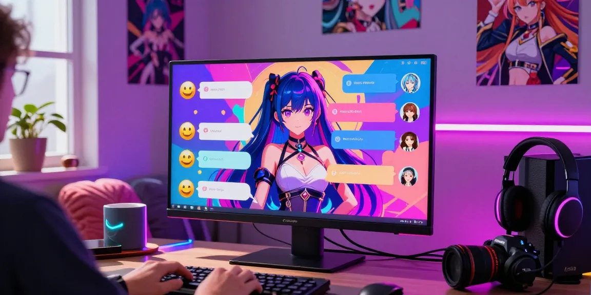 Engaging in hentai chat with vibrant anime character on screen in a cozy digital environment.