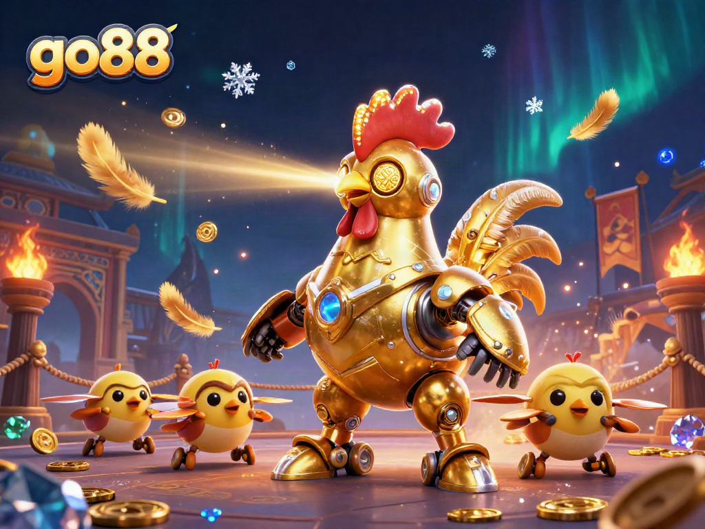 Engage with go88's thrilling gaming universe featuring a golden robot and dynamic characters.