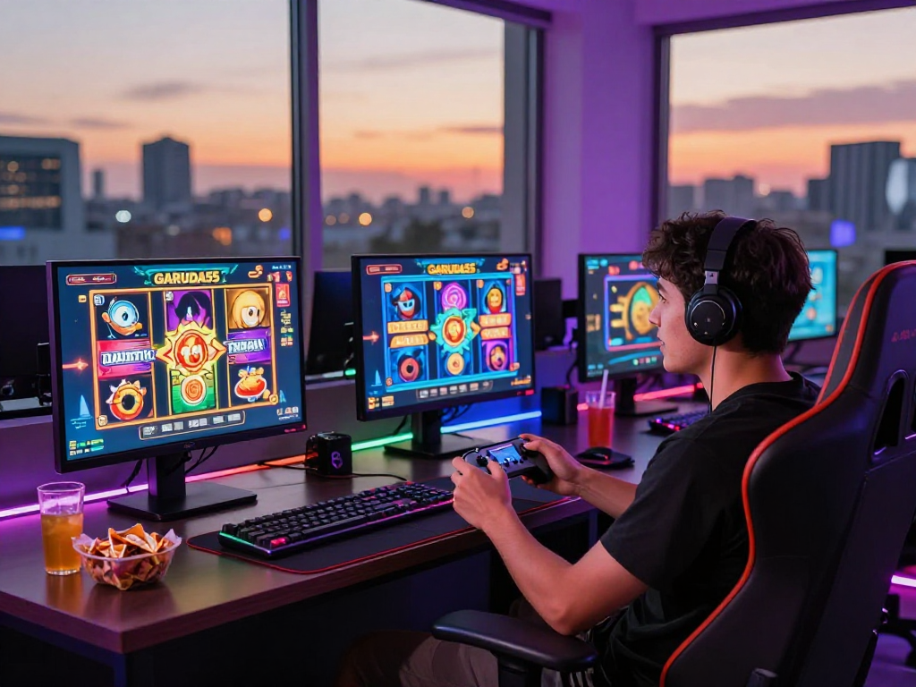 Gamer enjoying GARUDA55 slots on multiple screens with vibrant colors and snacks.