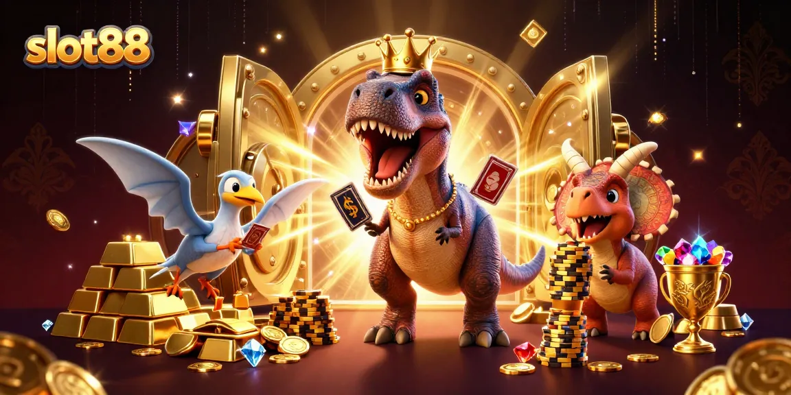 Slot88 menghadirkan karakter ikonik T-Rex dan teman-temannya dalam adegan penuh warna yang menggambarkan keseruan bermain teman slot.
