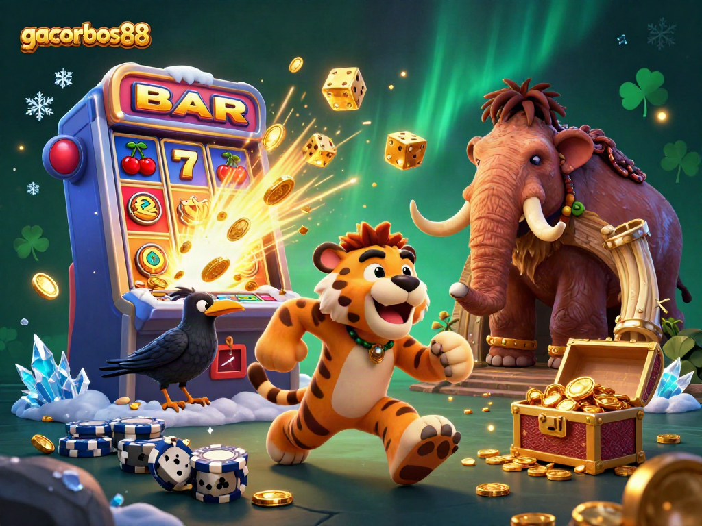 Spin and win at gacorbos88 with dynamic 3D casino adventure featuring lucky symbols and jackpot excitement.