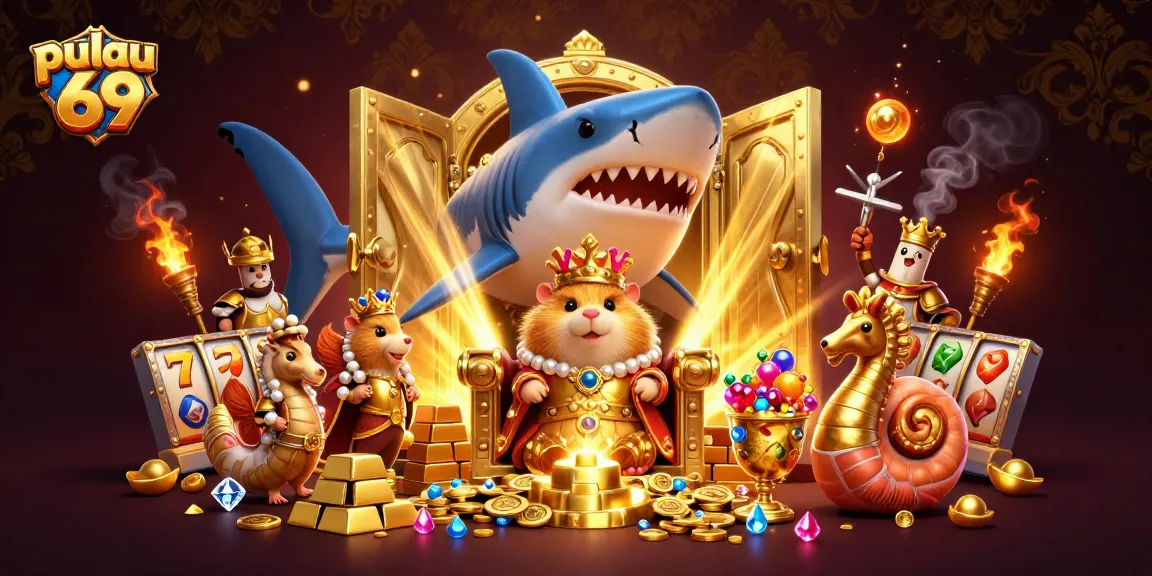 Pulau 69 showcases a dynamic casino scene with a golden hamster king, treasure, and exciting slot elements.
