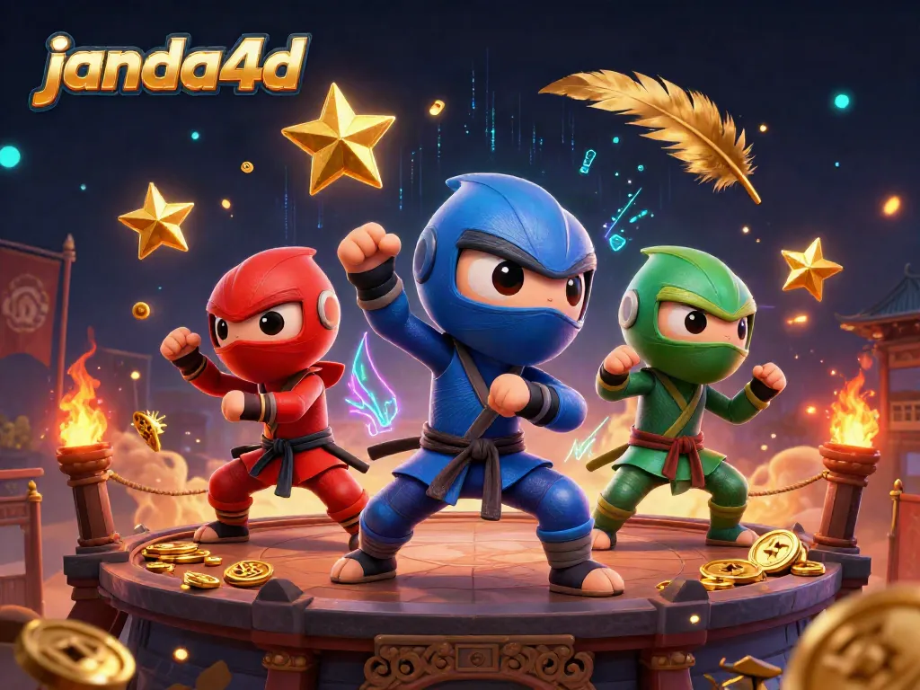 Gambar promosi 3D janda4d dengan ninja chameleon dalam pose bela diri, di arena taruhan